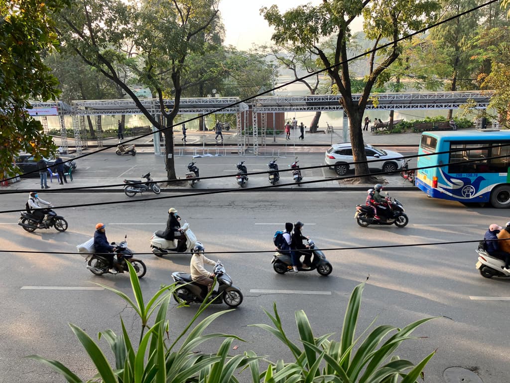 Only a few motorbikes in the early morning in Hanoi