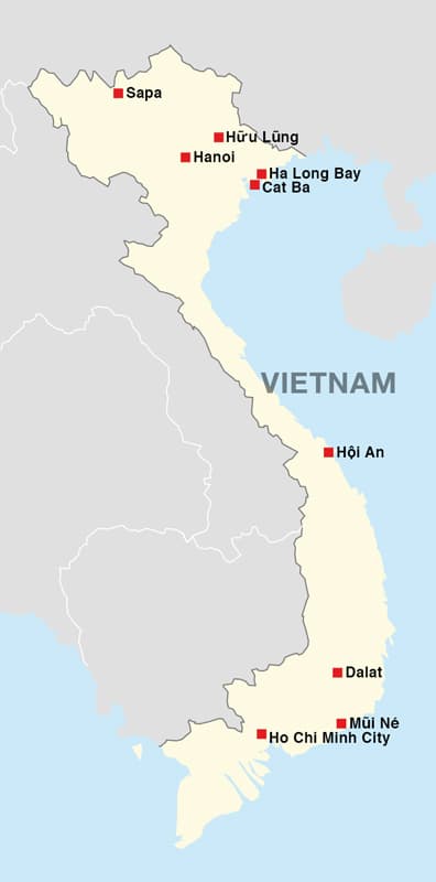 Map of the cities that I visited in Vietnam
